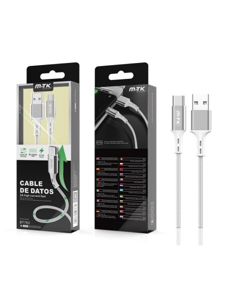 Cable datos USB 2.0 a Type-C / 1m / 2.4a / Aluminio / Trenzado / Bt763 / Plata / MTK