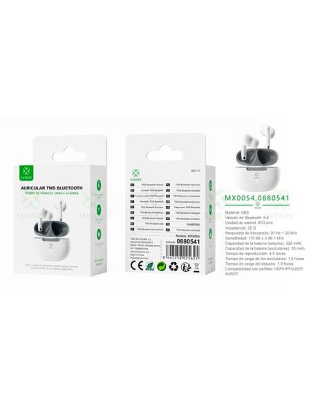 Auriculares Inalámbricos Bluetooth 5.4 MX0054 / Tws / Base de carga / Blanco / Woox / 0880541