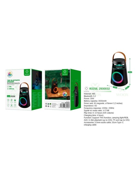 Altavoz Bluetooth 5.3 R3256 / 30w / 3000 mAh / Luces Led / Tws / Fm / Microsd / Negro / WOOX / 2930032