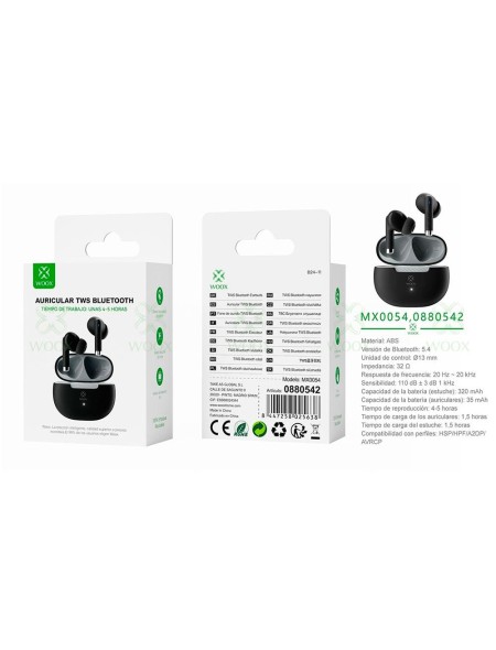 Auriculares Inalámbricos Bluetooth 5.4 MX0054 / Tws / Base de carga / Negro / Woox / 0880542